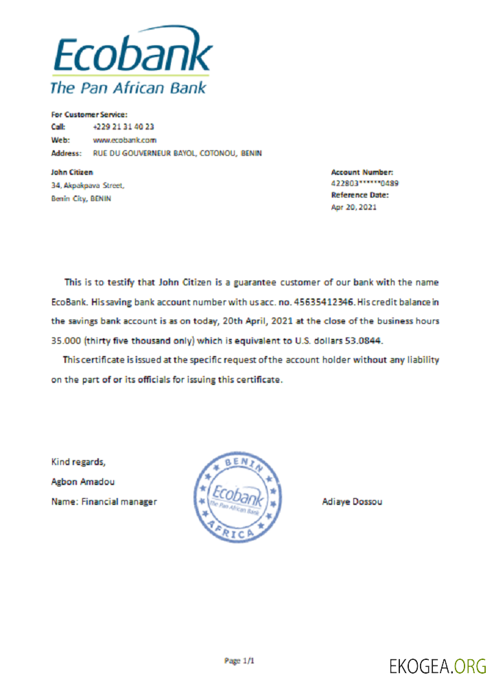 Bénin , Ecobank , reference